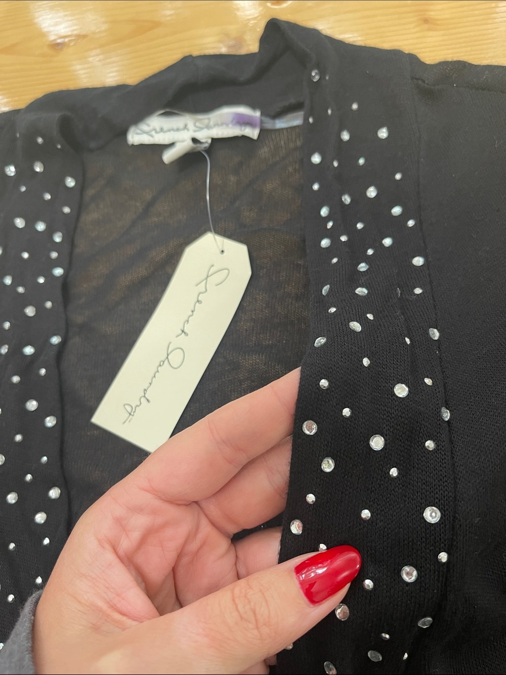 SPARKLED French Laundry NWT Black Open Front Cardigan Studded Longline Size M - Picture 9 of 12
